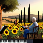 **

A vibrant virtual memorial space with a "Tuscan Countryside" theme. Cypress trees, sunflower fields, and soft, warm lighting create a peaceful atmosphere.  Musical instruments and scattered jazz notes subtly overlay the background. A video screen shows a smiling elderly woman telling stories. Several people are virtually present, sharing memories and comforting each other. The overall feeling is one of warmth, remembrance, and connection.

**