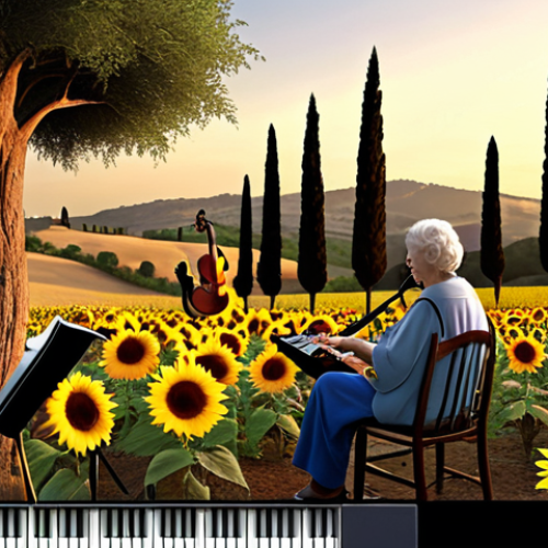 Home 4 **
A vibrant virtual memorial space with a "Tuscan Countryside" theme. Cypress trees, sunflower fields, and soft, warm lighting create a peaceful atmosphere. Musical instruments and scattered jazz notes subtly overlay the background. A video screen shows a smiling elderly woman telling stories. Several people are virtually present, sharing memories and comforting each other. The overall feeling is one of warmth, remembrance, and connection.
**