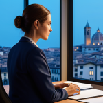 A serene, professional woman, in a modest business suit, sitting comfortably at a modern, polished desk in a minimalist digital legacy management office. She is looking thoughtfully at a holographic projection showing a family tree and digital photo albums, representing preserved memories. The background features soft, ambient lighting and large windows offering a subtle hint of a tranquil Italian city skyline at dusk. The overall atmosphere is respectful and secure. safe for work, appropriate content, fully clothed, professional dress, perfect anatomy, correct proportions, natural pose, well-formed hands, proper finger count, natural body proportions, high-quality digital illustration, professional photography style.