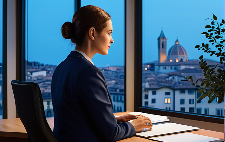 A serene, professional woman, in a modest business suit, sitting comfortably at a modern, polished desk in a minimalist digital legacy management office. She is looking thoughtfully at a holographic projection showing a family tree and digital photo albums, representing preserved memories. The background features soft, ambient lighting and large windows offering a subtle hint of a tranquil Italian city skyline at dusk. The overall atmosphere is respectful and secure. safe for work, appropriate content, fully clothed, professional dress, perfect anatomy, correct proportions, natural pose, well-formed hands, proper finger count, natural body proportions, high-quality digital illustration, professional photography style.