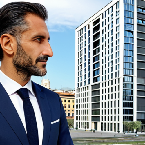 **

"A successful Italian architect, fully clothed in a tailored suit, standing in front of a modern building design blueprint, natural pose, perfect anatomy, well-formed hands, professional attire, bright daylight, Milan cityscape in the background, safe for work, appropriate content, professional, family-friendly, modest."

**
