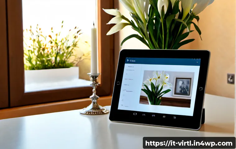 Home 26 가상 추모 공간의 사용자 인터페이스 UI 디자인 - Photorealistic modern virtual memorial interface on a tablet held by an Italian adult in a sunlit Me...