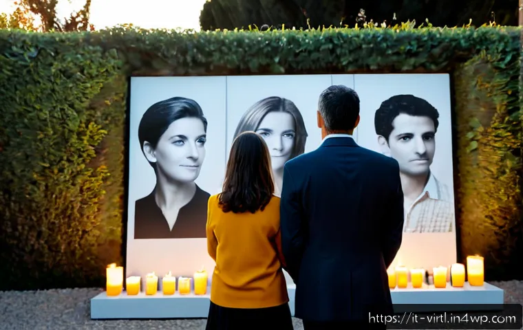 가상 추모 공간에서의 브랜드 이미지 발전 - Photorealistic Italian family in a serene contemporary memorial garden in Rome, viewing a tasteful i...