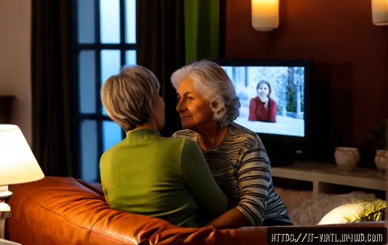 가상 추모 공간을 통한 상실 경험 공유 - Photorealistic warm Italian family living room at dusk, an older woman and adult daughter sitting si...